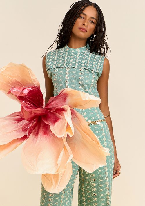 Blusa Zinco Solta Decote Careca Manga Curta Padrão Verde