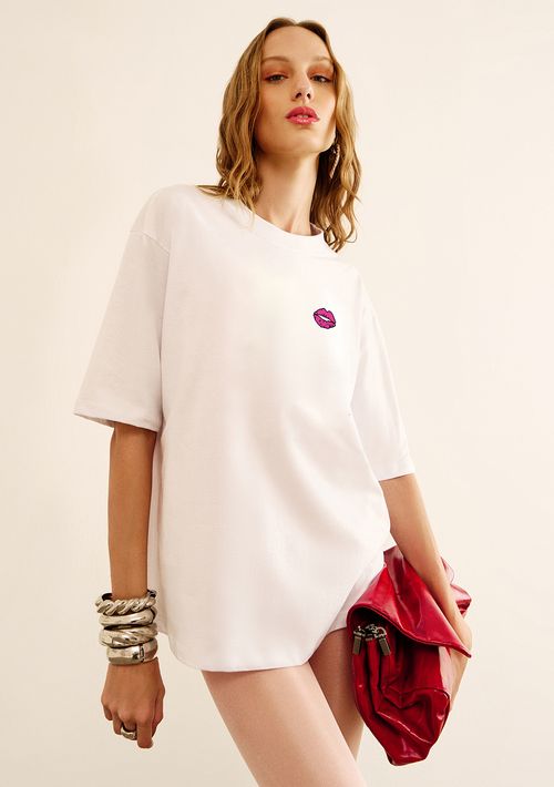 Camiseta Zinco Solta Decote Careca Manga Curta Padrão Off White