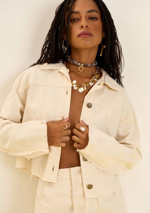 Jaqueta Zinco Solta Manga Longa Cropped Off White