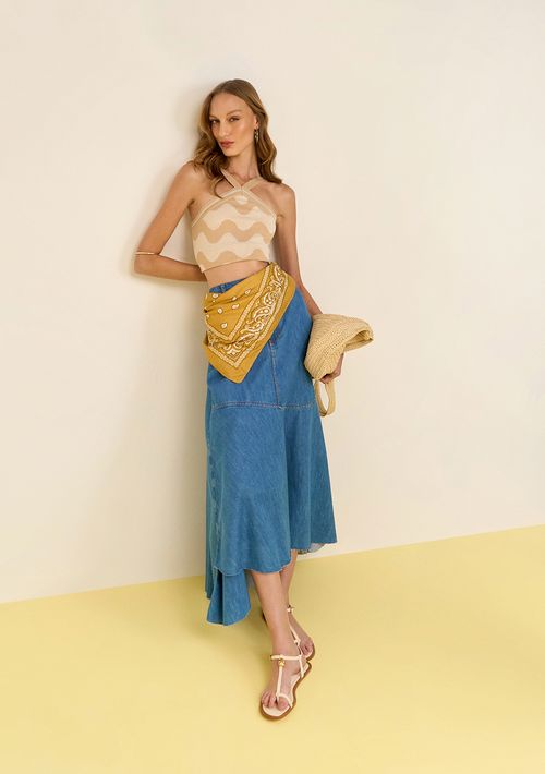 Saia Zinco Evasê Alta Longa Azul