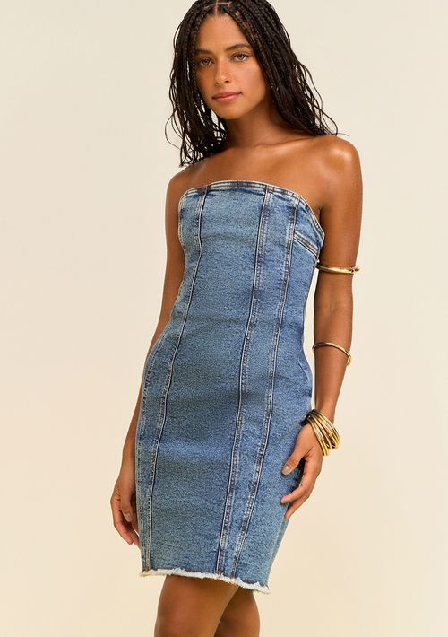 Vestido Zinco Ajustado Decote Reto Sem Alça Curto Azul