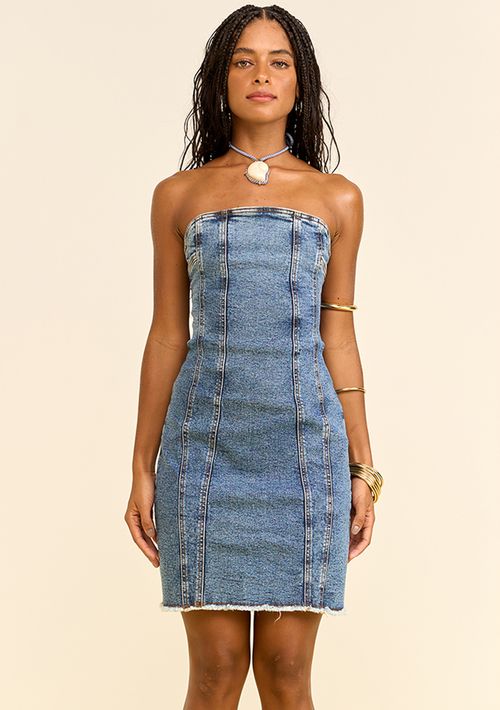 Vestido Zinco Ajustado Decote Reto Sem Alça Curto Azul