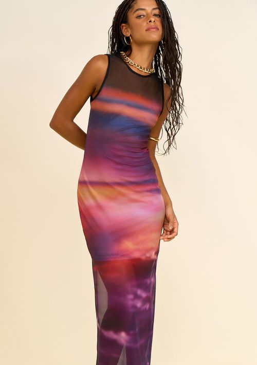 Vestido Zinco Ajustado Decote Careca Sem Manga Midi Laranja