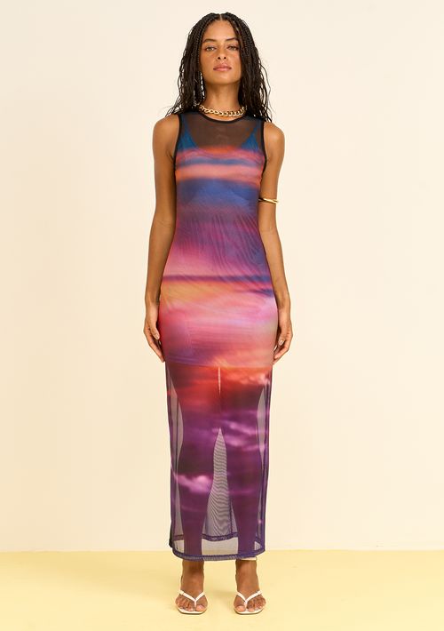 Vestido Zinco Ajustado Decote Careca Sem Manga Midi Laranja