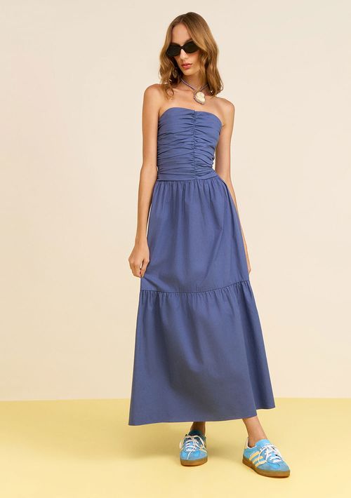 Vestido Zinco Solto Decote Reto Sem Manga Midi Azul