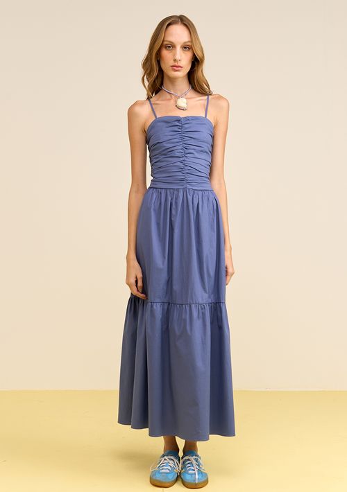 Vestido Zinco Solto Decote Reto Sem Manga Midi Azul