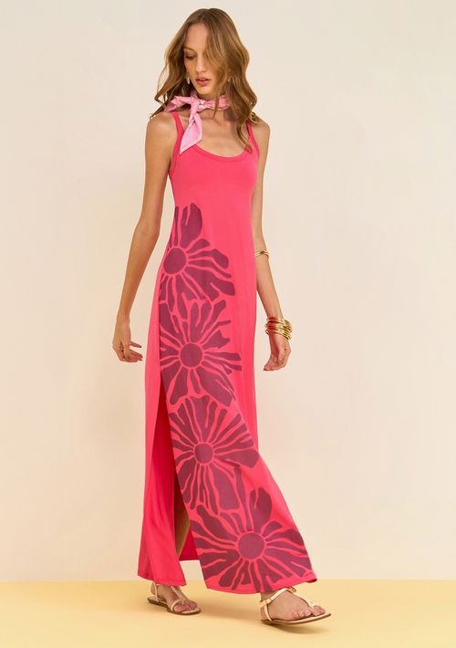 Vestido Zinco Ajustado Decote Careca Sem Manga Midi Rosa