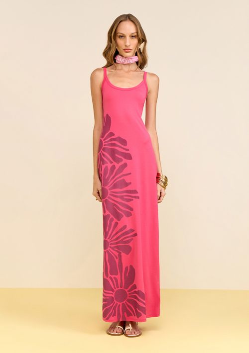 Vestido Zinco Ajustado Decote Careca Sem Manga Midi Rosa