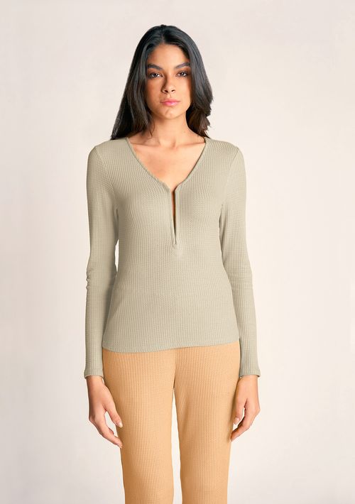 Blusa Zinco Decote V Manga Longa Detalhe Frente Bege