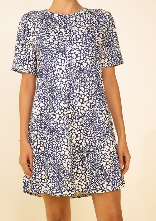 Vestido Zinco Solto Decote Careca Manga Curta Curto Azul