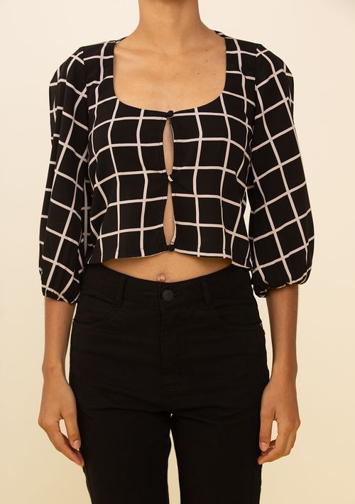 Blusa Zinco Ajustada Decote Reto Manga 3 Quartos Padrão Preto