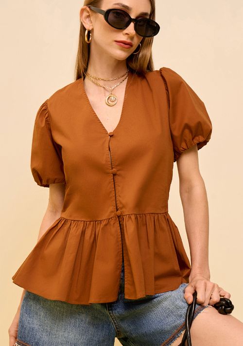 Blusa Zinco Ajustada Decote V Manga Curta Padrão Marrom