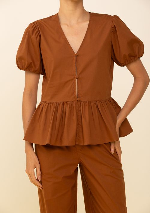Blusa Zinco Ajustada Decote V Manga Curta Padrão Marrom