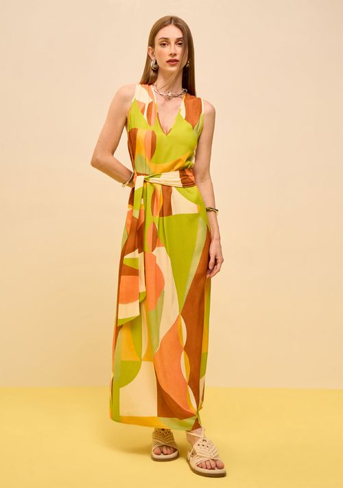 Vestido Zinco Solto Decote V Sem Manga Longo Verde