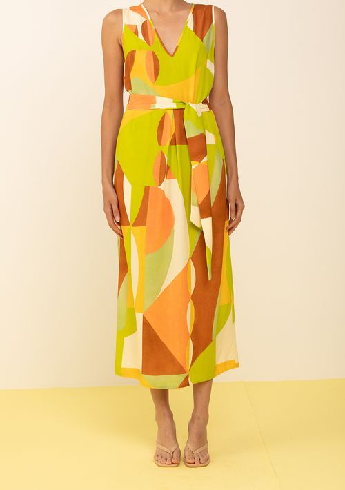 Vestido Zinco Solto Decote V Sem Manga Longo Verde