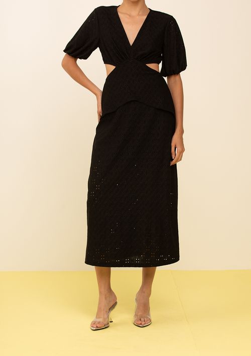 Vestido Zinco Solto Decote V Manga 7 Oitavos Midi Preto