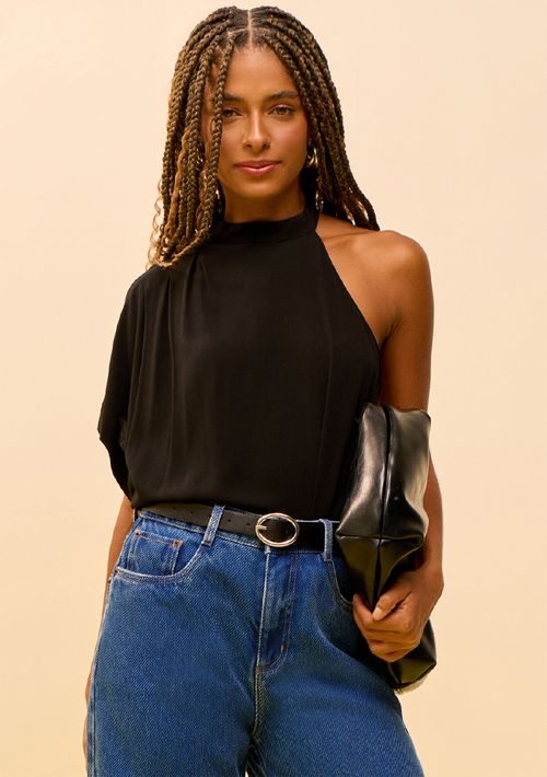 Blusa Zinco Ajustada Um Ombro Só Manga Curta Padrão Preto