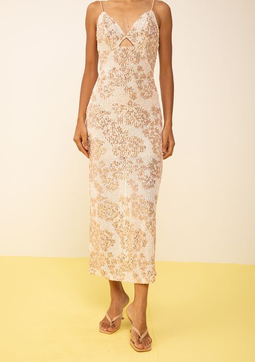 Vestido Zinco Ajustado Decote V Com Alça Midi Rosa