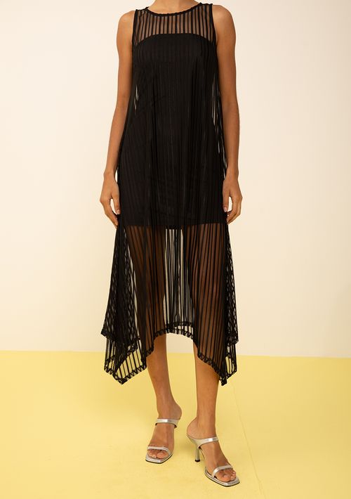 Vestido Zinco Solto Decote Careca Sem Manga Midi Preto