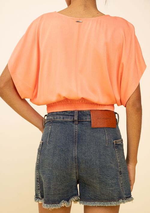 Blusa Zinco Ajustada Decote Careca Manga Curta Cropped Laranja