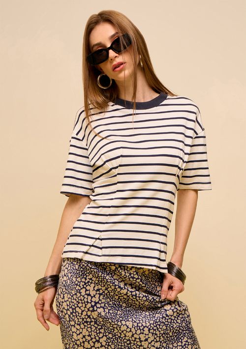 Blusa Zinco Ajustada Decote Careca Manga Curta Padrão Off White