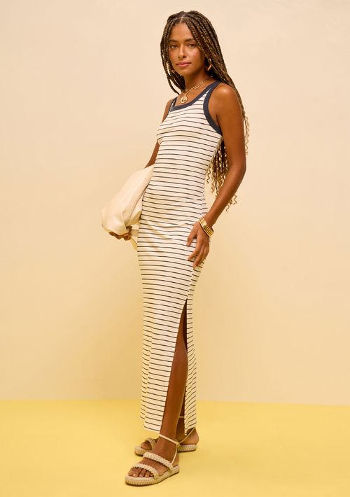 Vestido Zinco Ajustado Decote Reto Com Alça Midi Off White