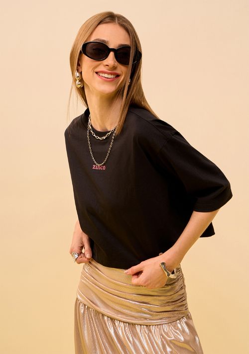 Camiseta Zinco Solta Decote Careca Manga Curta Cropped Preto