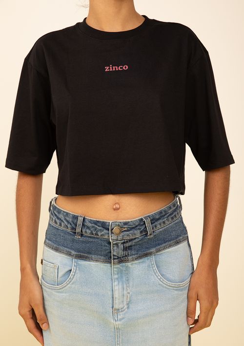 Camiseta Zinco Solta Decote Careca Manga Curta Cropped Preto