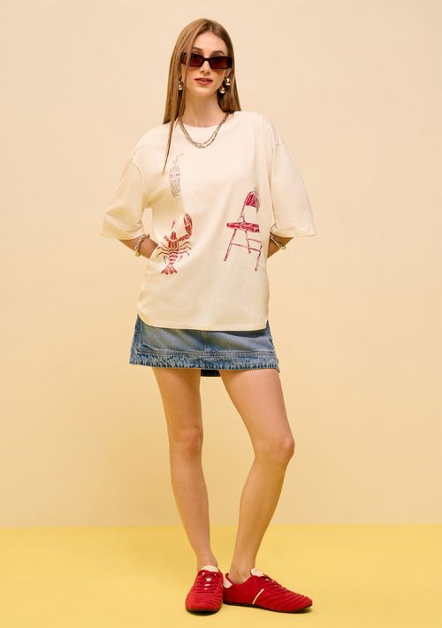 Camiseta Zinco Solta Decote Careca Manga Curta Alongada Off White