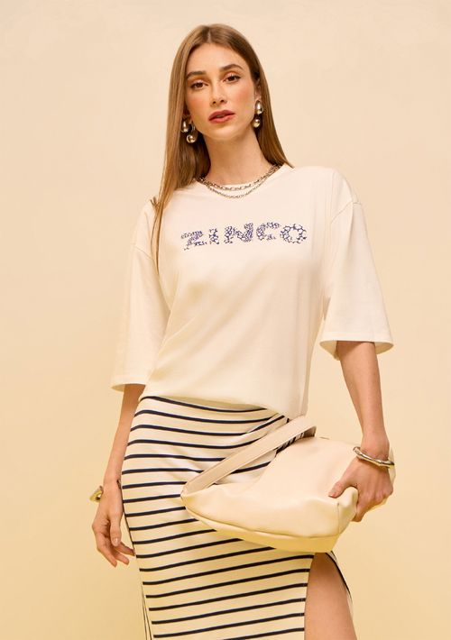 Camiseta Zinco Solta Decote Careca Manga Curta Padrão Off White