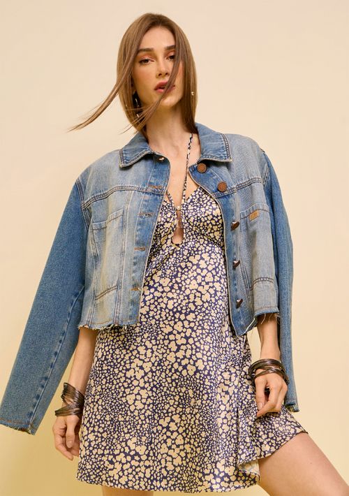 Jaqueta Zinco Solta Manga Longa Cropped Azul