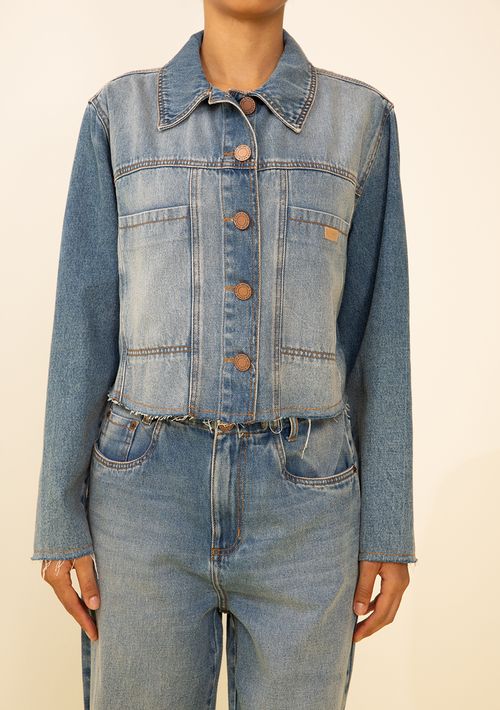 Jaqueta Zinco Solta Manga Longa Cropped Azul