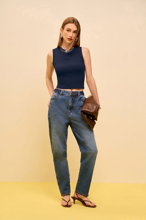 Regata Zinco Ajustada Gola Alta Padrão Azul Escuro