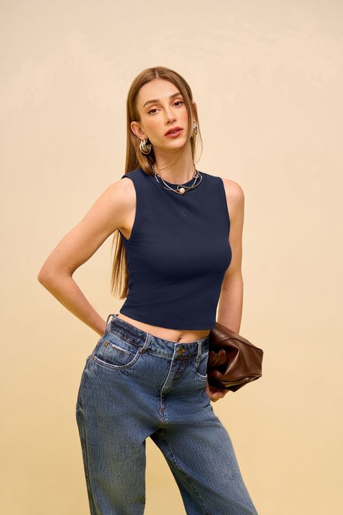 Regata Zinco Ajustada Gola Alta Padrão Azul Escuro