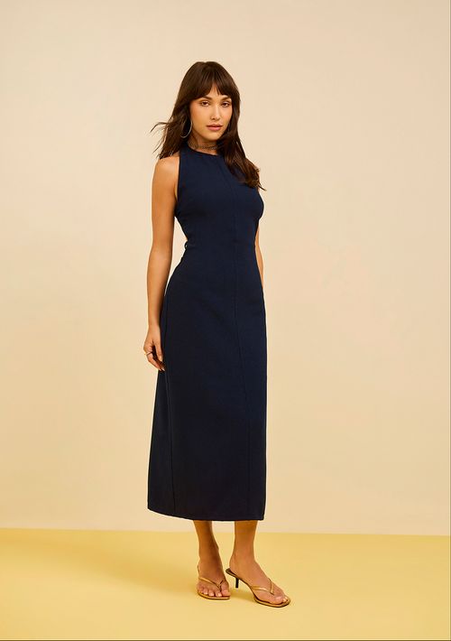 Vestido Zinco Ajustado Decote Careca Sem Manga Midi Azul