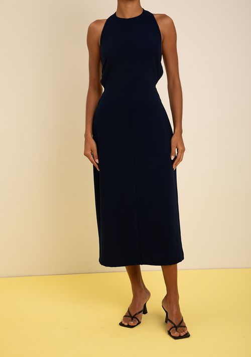 Vestido Zinco Ajustado Decote Careca Sem Manga Midi Azul