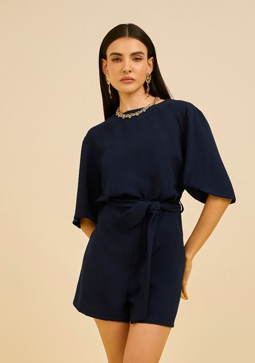 Macacão Zinco Solto Decote Careca Manga Curta Curto Azul