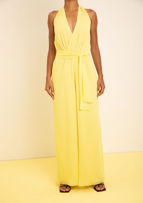 Macacão Zinco Ajustado Decote V Sem Manga Longo Amarelo