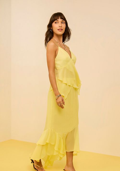 Saia Zinco Evasê Alta Midi Amarelo