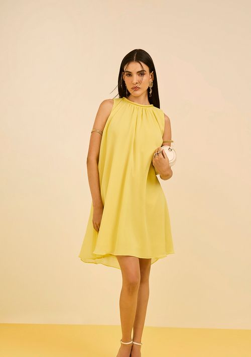 Vestido Zinco Solto Cava Francesa Sem Manga Curto Amarelo