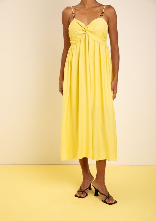Vestido Zinco Solto Decote V Com Alça Midi Amarelo