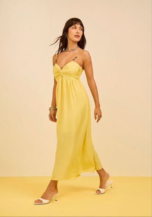 Vestido Zinco Solto Decote V Com Alça Midi Amarelo