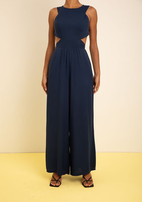 Macacão Zinco Ajustado Decote Careca Sem Manga Longo Azul