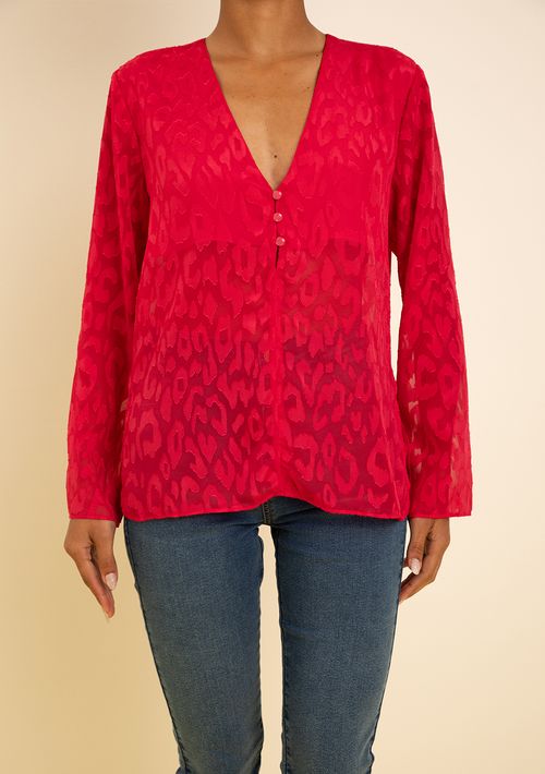 Camisa Zinco Solta Decote V Manga Longa Padrão Rosa