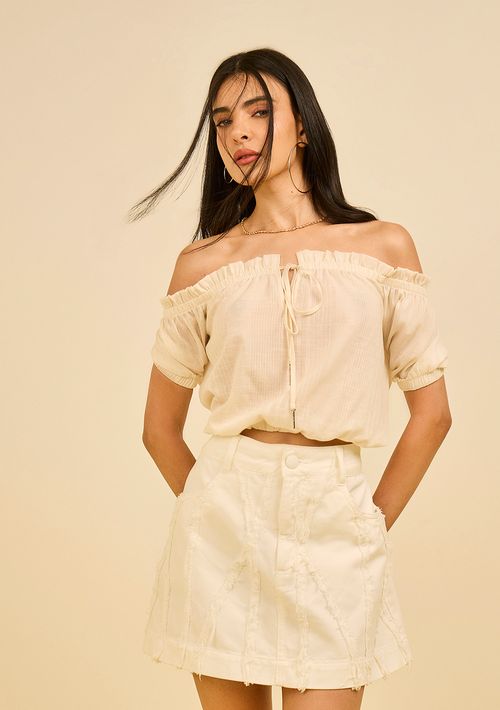 Blusa Zinco Solta Ombro A Ombro Manga 7 Oitavos Padrão Off White