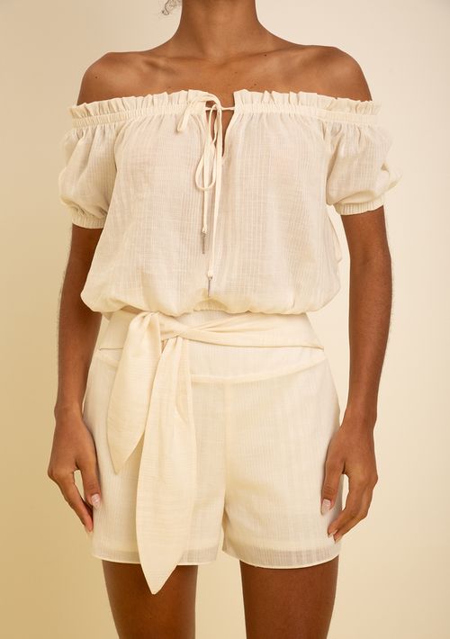 Blusa Zinco Solta Ombro A Ombro Manga 7 Oitavos Padrão Off White