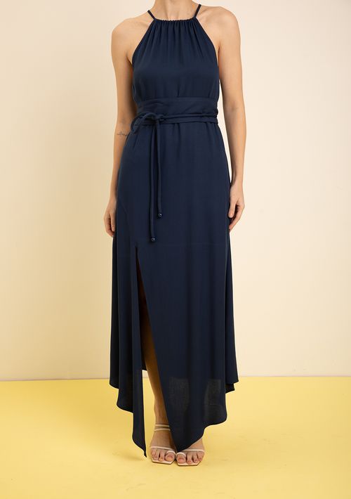 Vestido Zinco Solto Cava Francesa Sem Manga Midi Azul