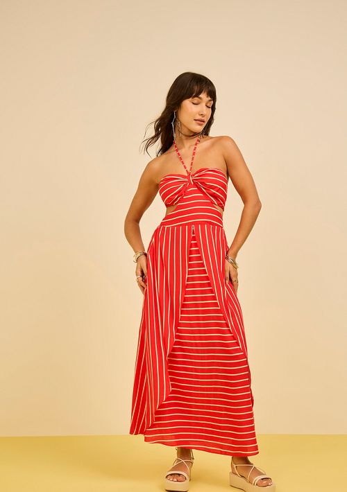 Vestido Zinco Solto Decote V Sem Manga Midi Vermelho