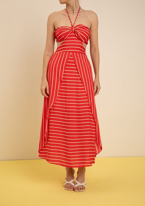 Vestido Zinco Solto Decote V Sem Manga Midi Vermelho