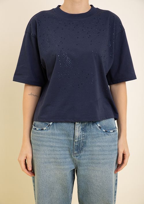 Camiseta Zinco Solta Decote Careca Manga Curta Padrão Azul Escuro